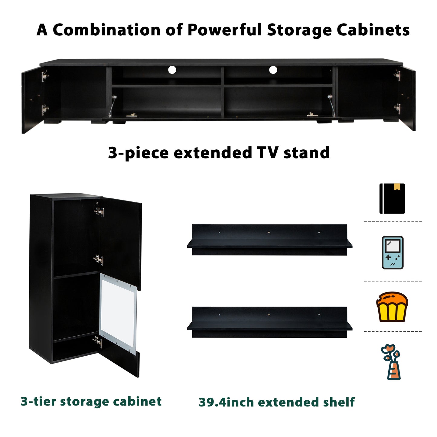 Modernized Black Floating TV Stand Set with 16-Color LED Lights for 90+ inch TV