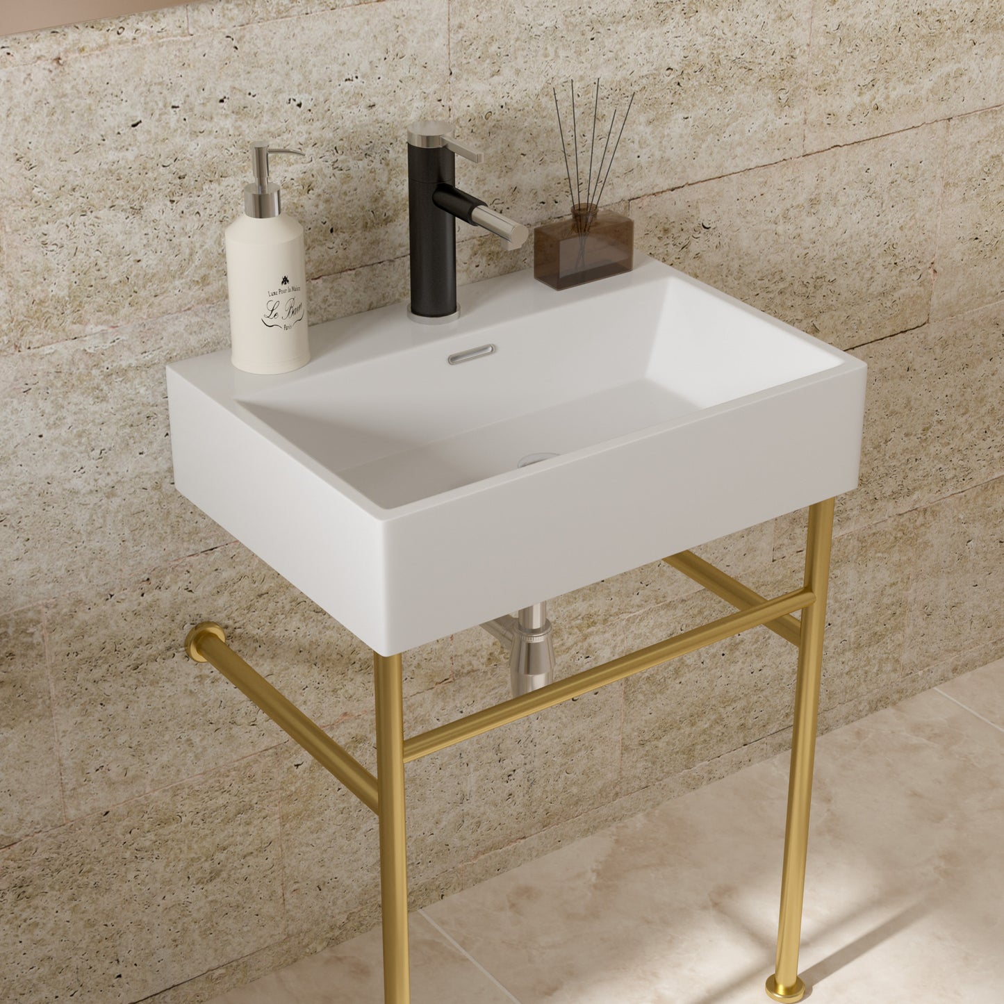 24" Bathroom Console Sink with Overflow,Ceramic Console Sink White Basin Gold Legs