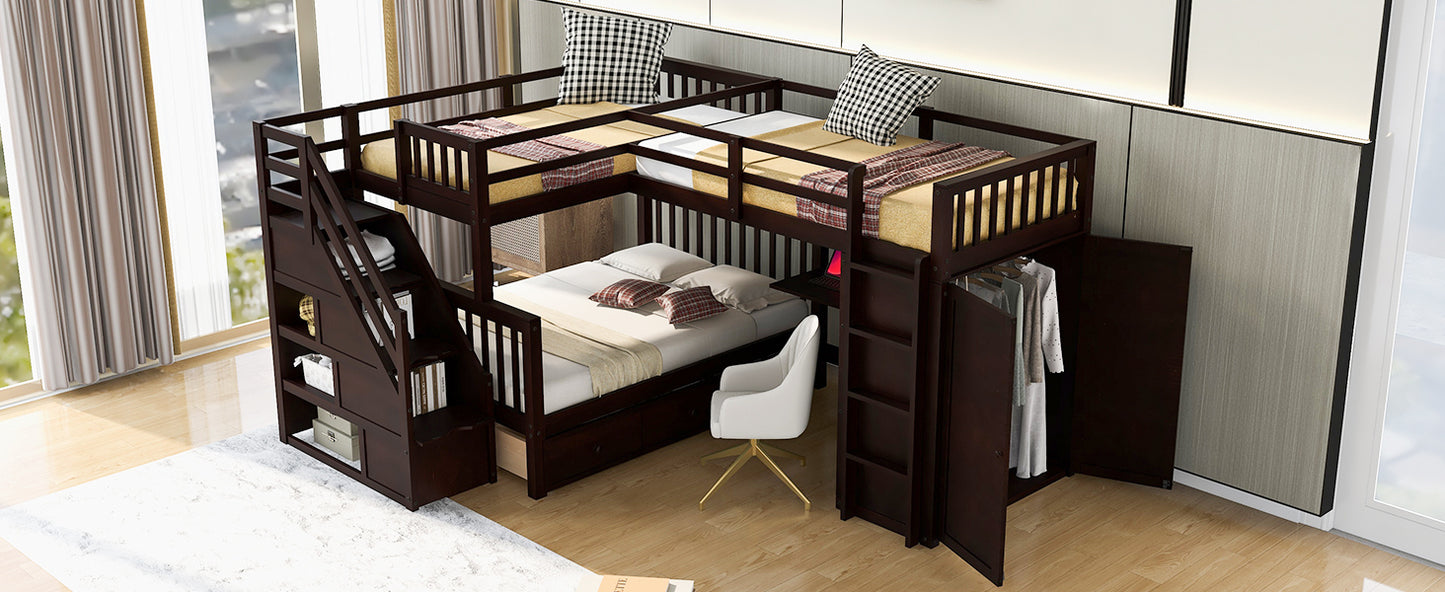 Espresso L-Shaped Bunk Bed with Storage Drawers, Desk, Wardrobe and Maximized Space