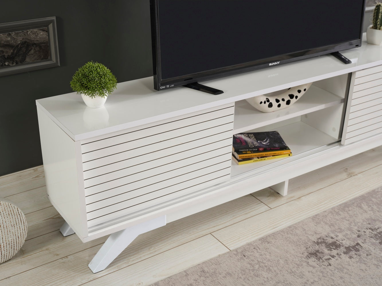 Luxia Mid Century Modern TV Stand with Storage Cabinets and Shelves in White