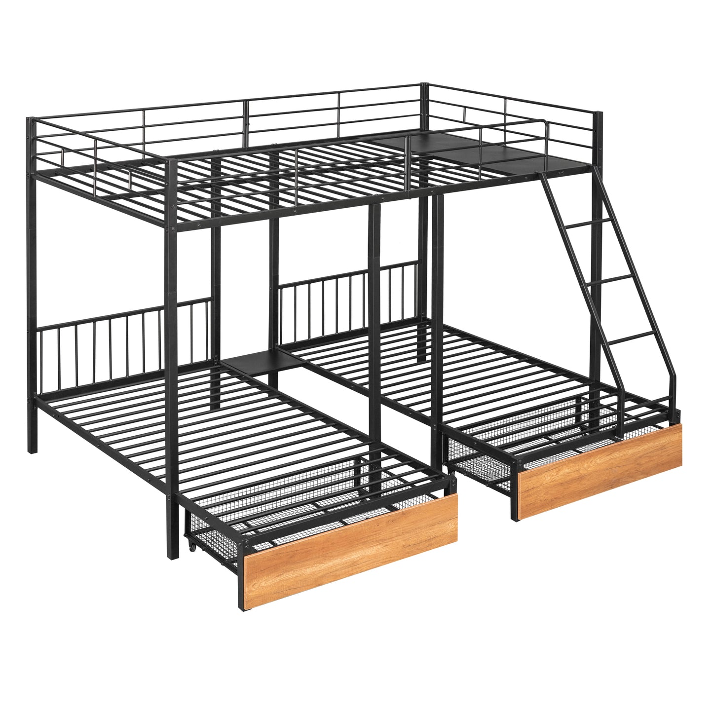 Black Metal Triple Bunk Bed with Storage and Safety Features - Space-Saving Full over Twin & Twin Bunk Bed