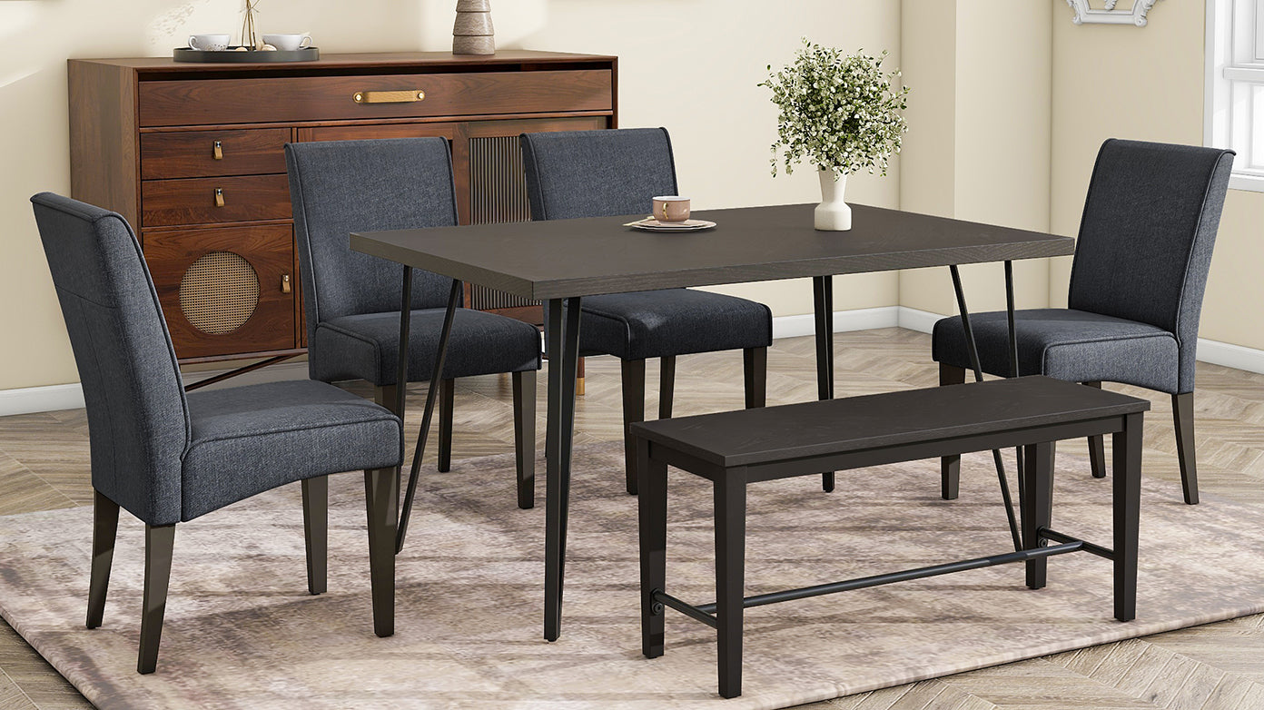 Modern 6-Piece Dining Table Set with V-Shape Metal Legs, Wood Kitchen Table Set with 4 Upholstered Chairs and Bench for 6,Espresso