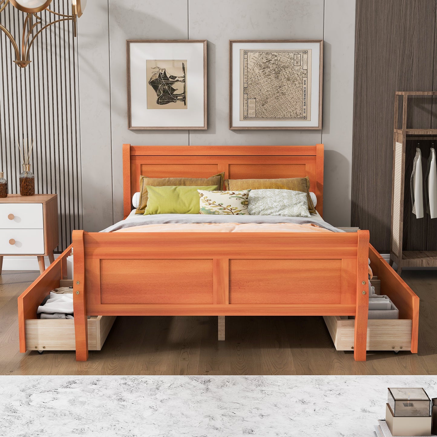 Full Size Wood Platform Bed with 4 Drawers and Streamlined Headboard & Footboard, Oak