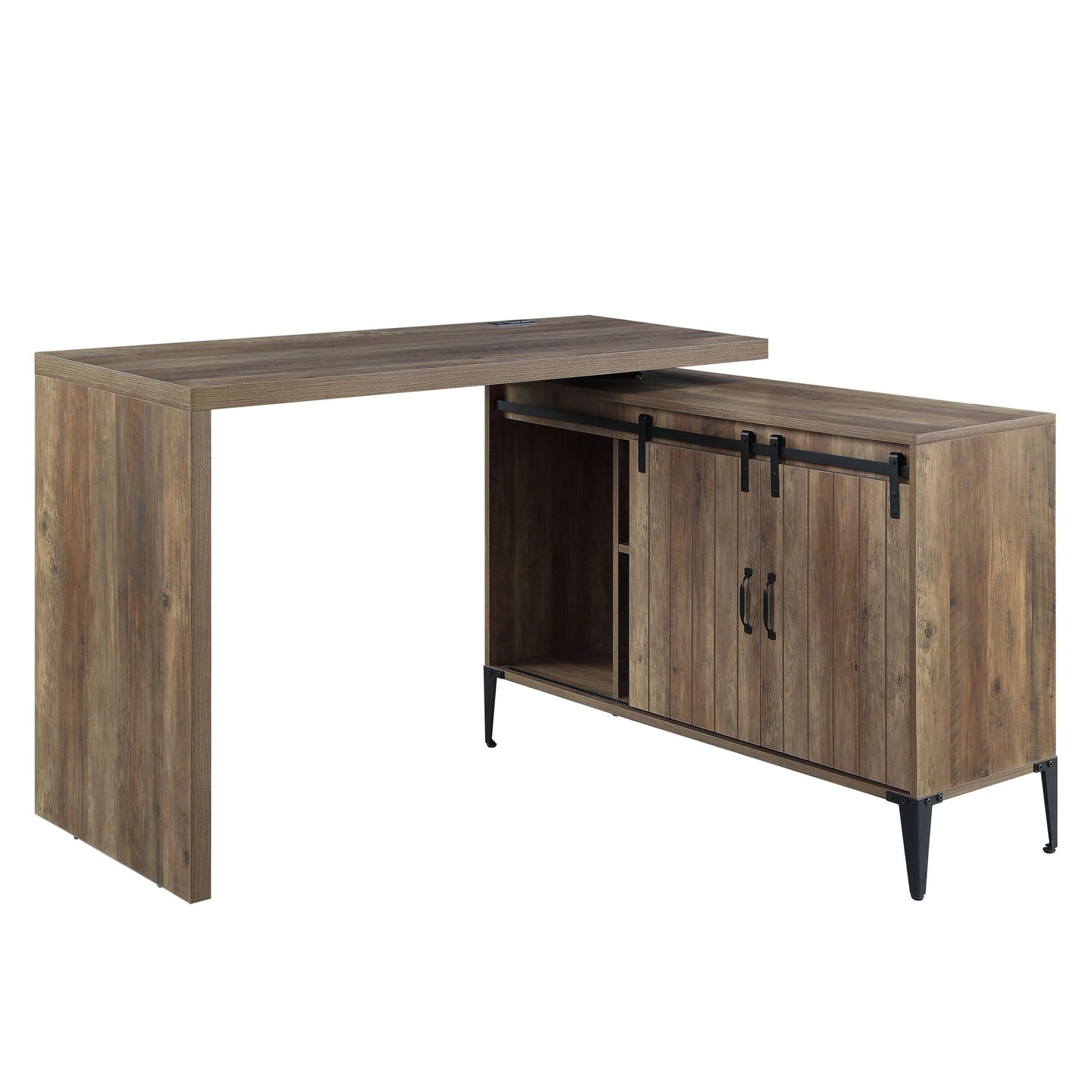 Rustic Oak Writing Desk with USB Port and Sliding Barn Door