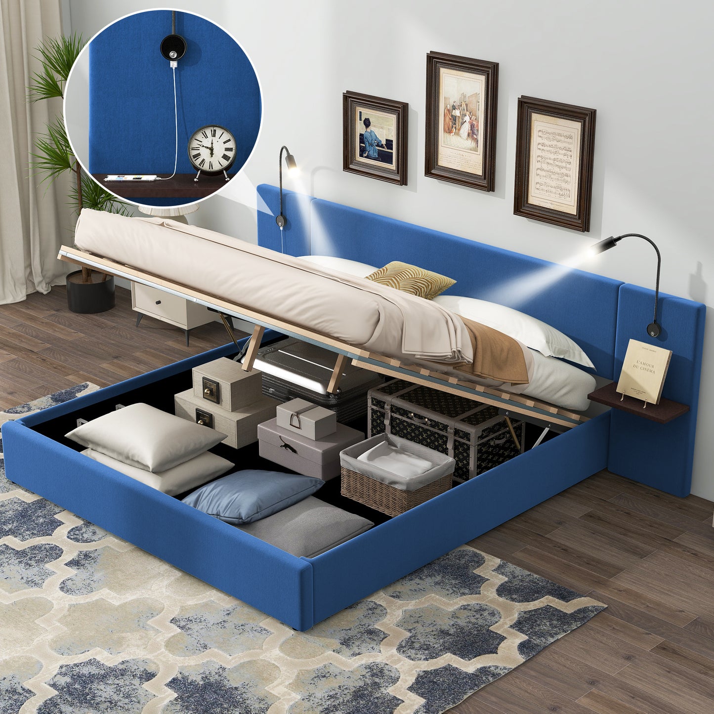 Queen Size Storage Upholstered Hydraulic Platform Bed with 2 Shelves, 2 Lights and USB, Blue