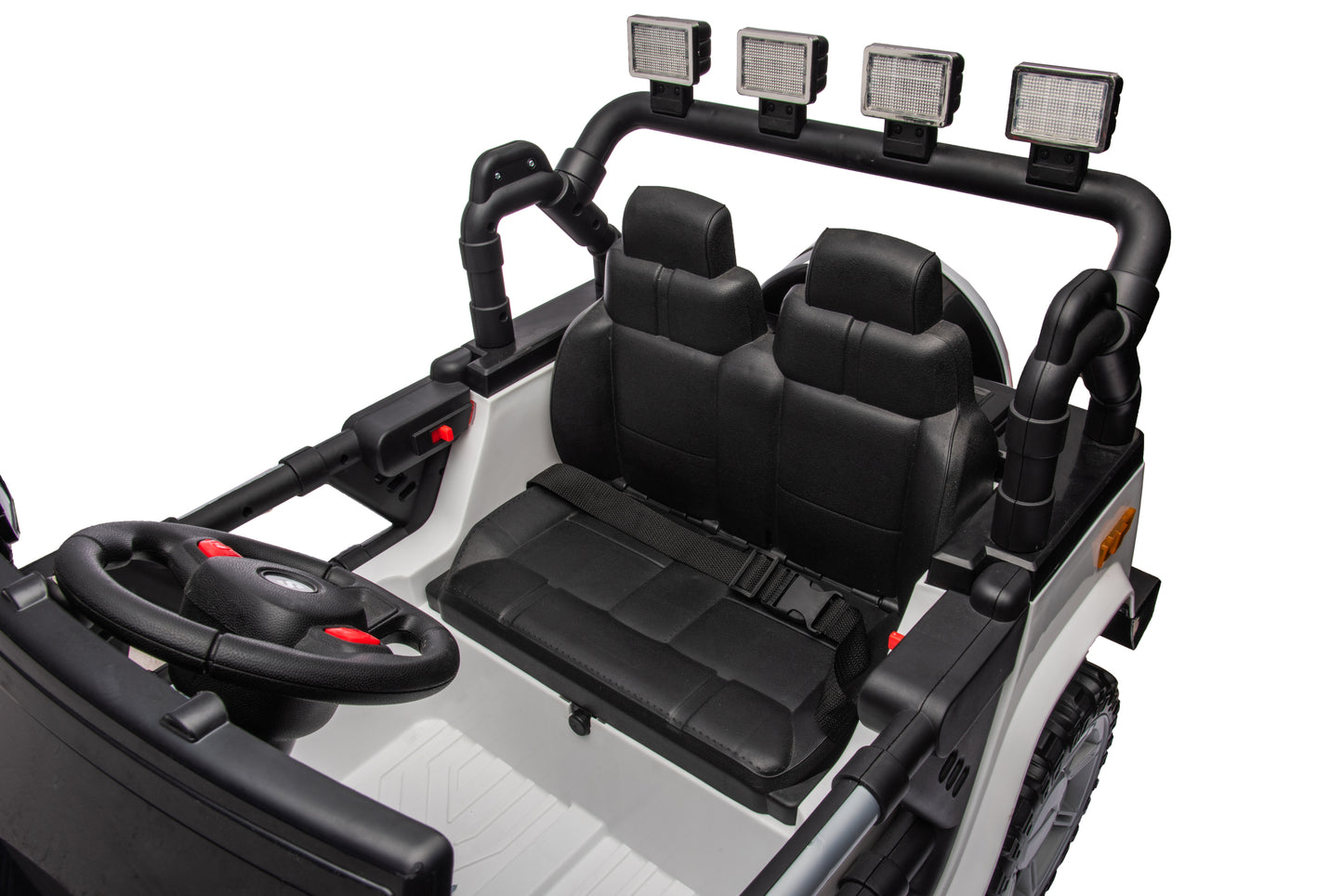 12v7a 30w*2 Four-wheel drive leather seat one button start,forward and backward, high and low speed,  music, front light, power display,  two doors can open, 2.4G R/C, seat belt four wheel absorber