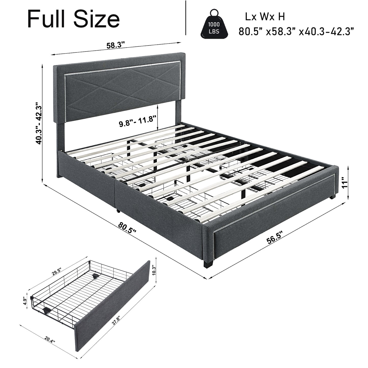 Upholstered Full Size Platform Bed with LED Lights, Storage Bed with 4 Drawers, Gray color fabric