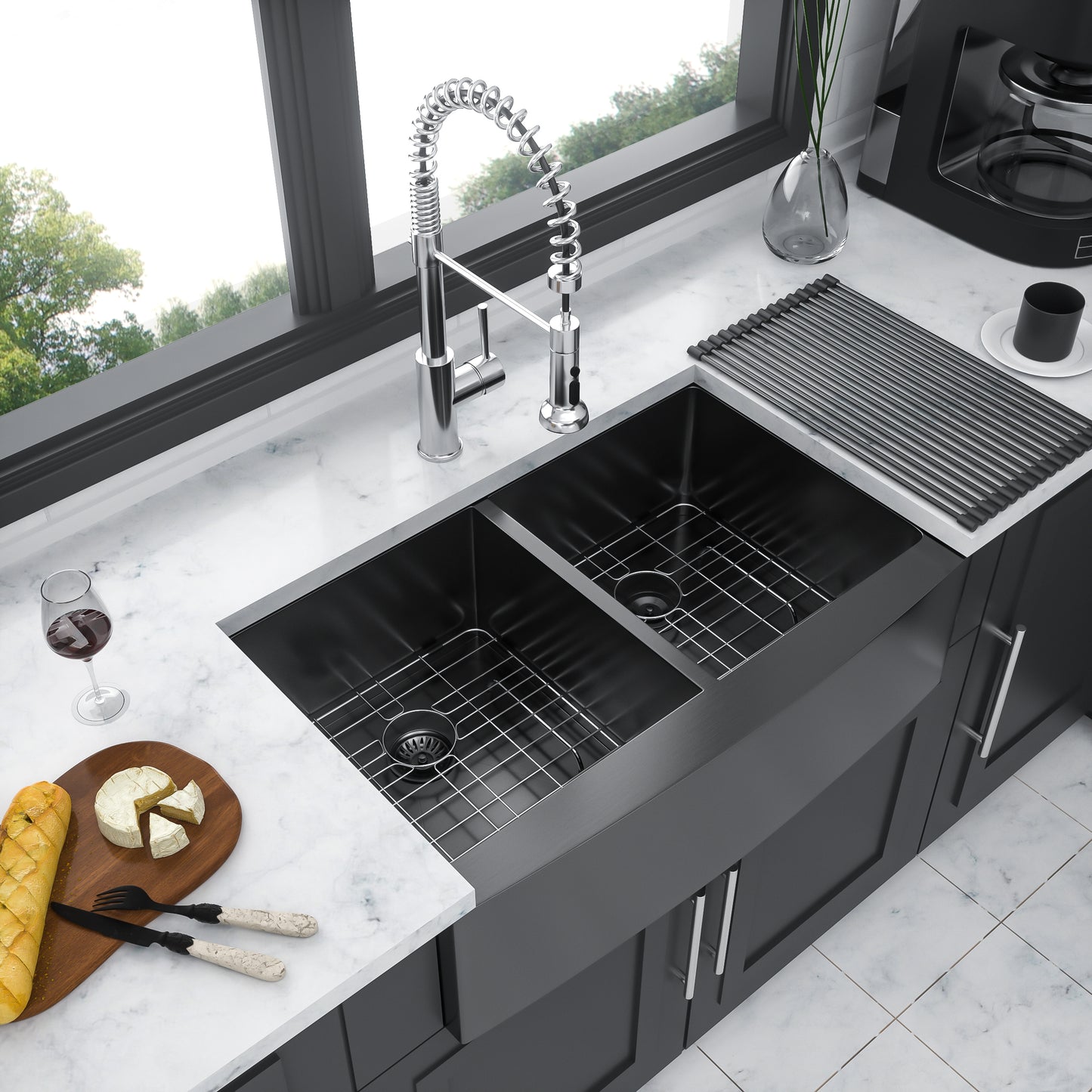 Gunmetal Black Dual Basin Stainless Steel Farmhouse Sink with X-Shaped Water Guide