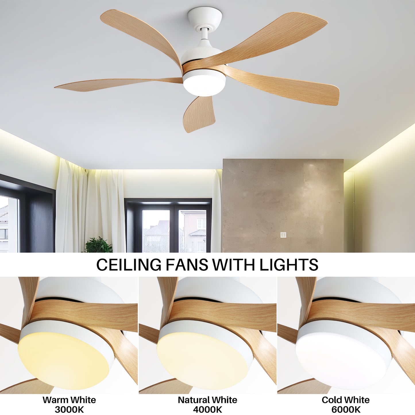 Silent 52 Inch Wooden Indoor Ceiling Fan with Smart LED Light and Reversible Motor for Bedroom