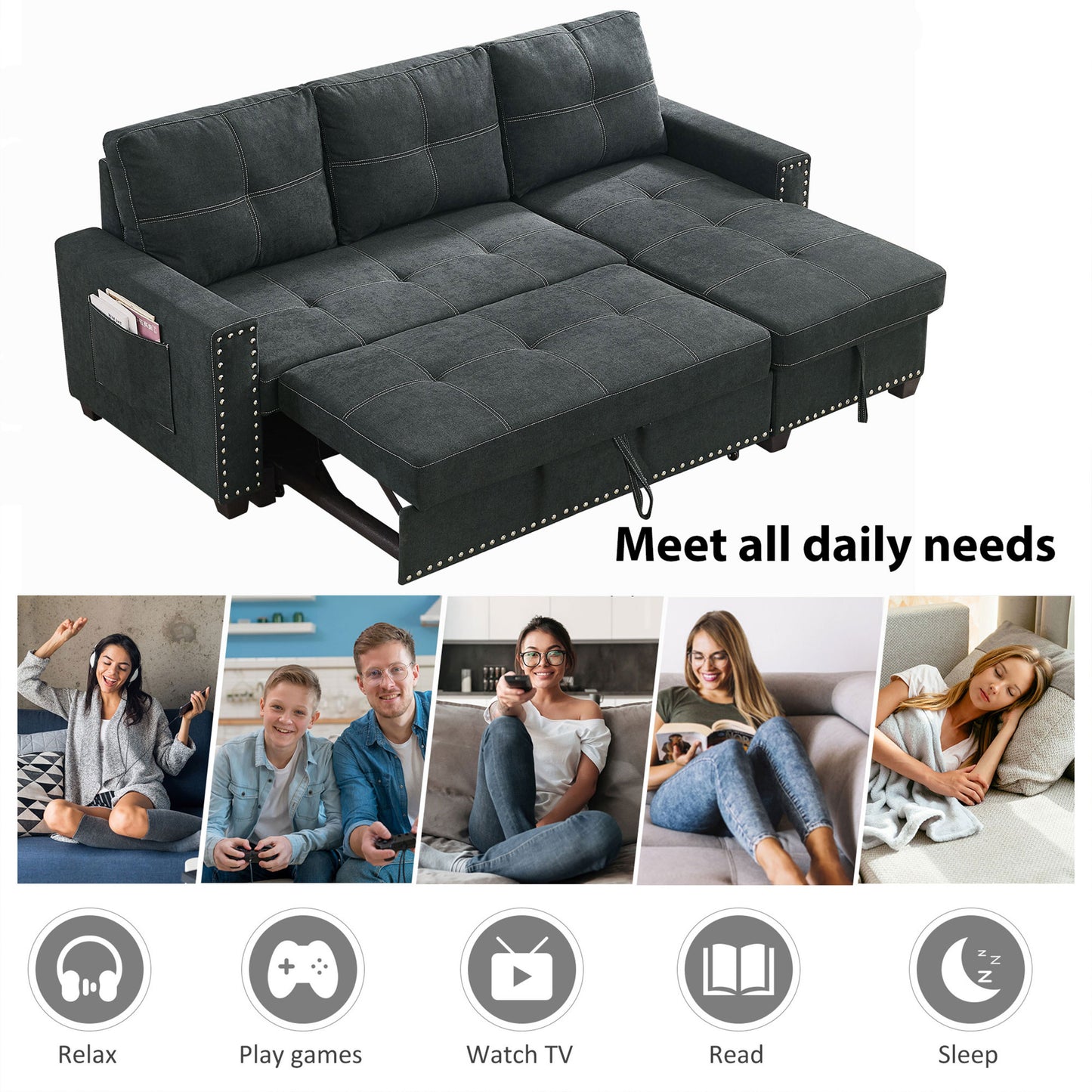 Sleeper Sofa Sectional with Reversible Storage Chaise and Side Storage Bag, Black Fabric, Modern Design