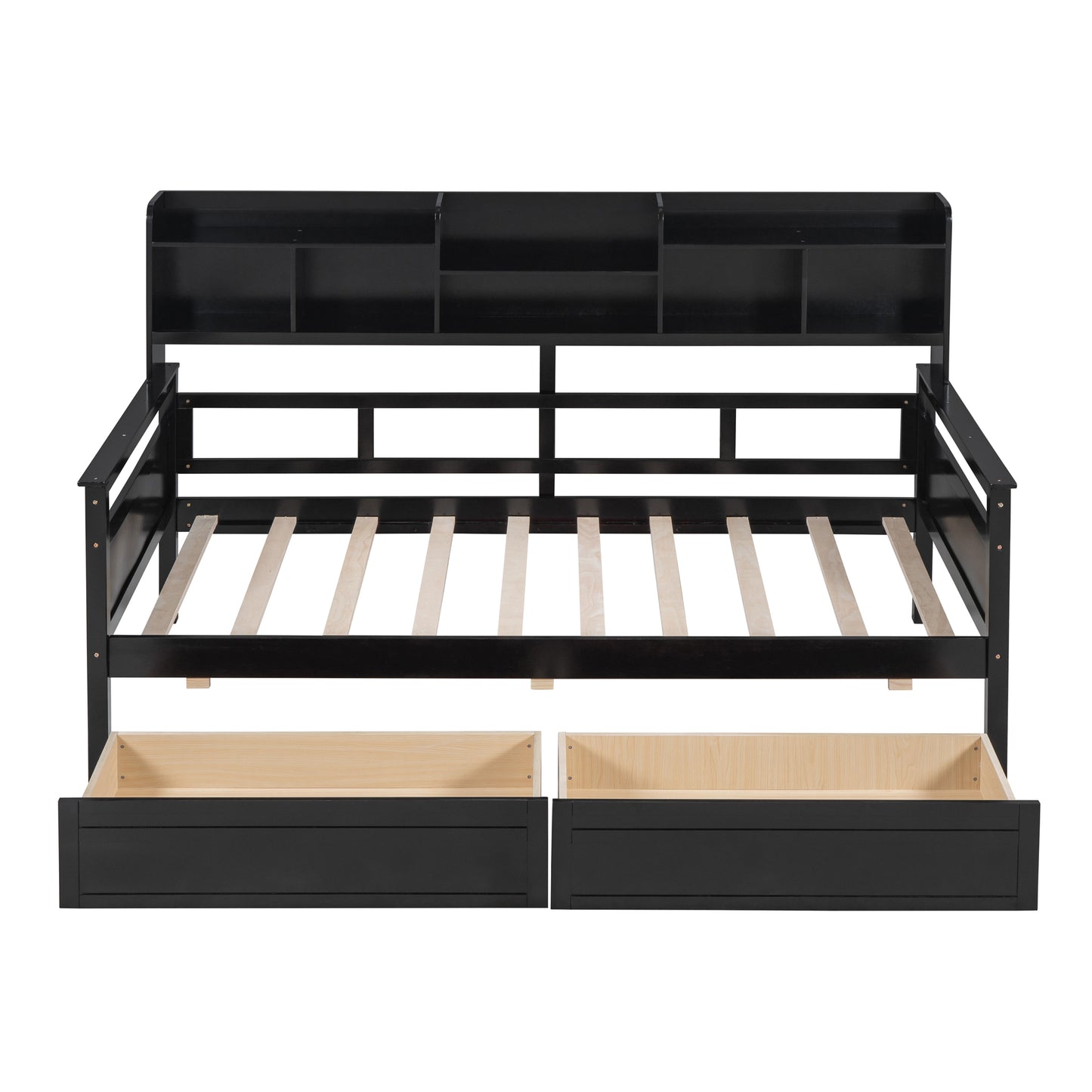 Twin size Daybed, Wood Slat Support, with Bedside Shelves and Two Drawers, Espresso