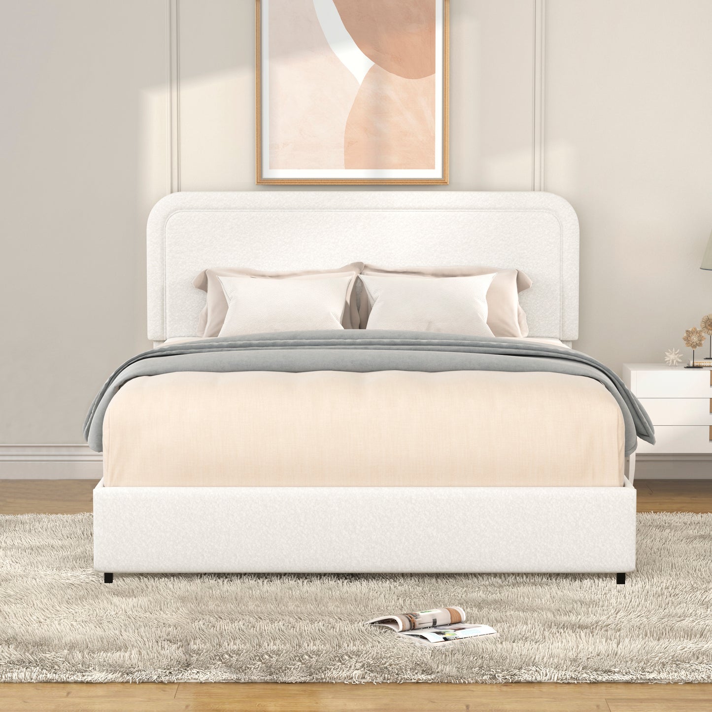 Liv Queen Size Ivory Boucle Upholstered Platform Bed with Patented 4 Drawers Storage, Curved Stitched Tufted Headboard, Wooden Slat Mattress Support, No Box Spring Needed