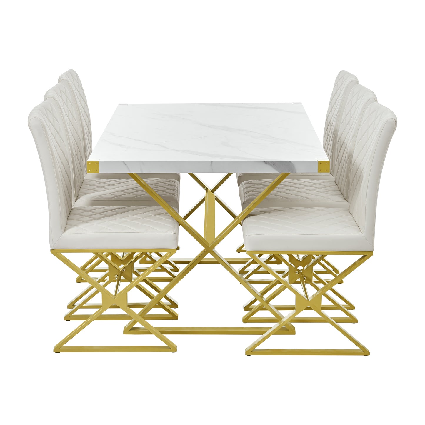 TREXM 7-Piece Modern Dining Table Set, Rectangular Marble Texture Kitchen Table and 6 PU leather Chairs with X-Shaped Gold Steel Pipe Legs for Dining Room (White)