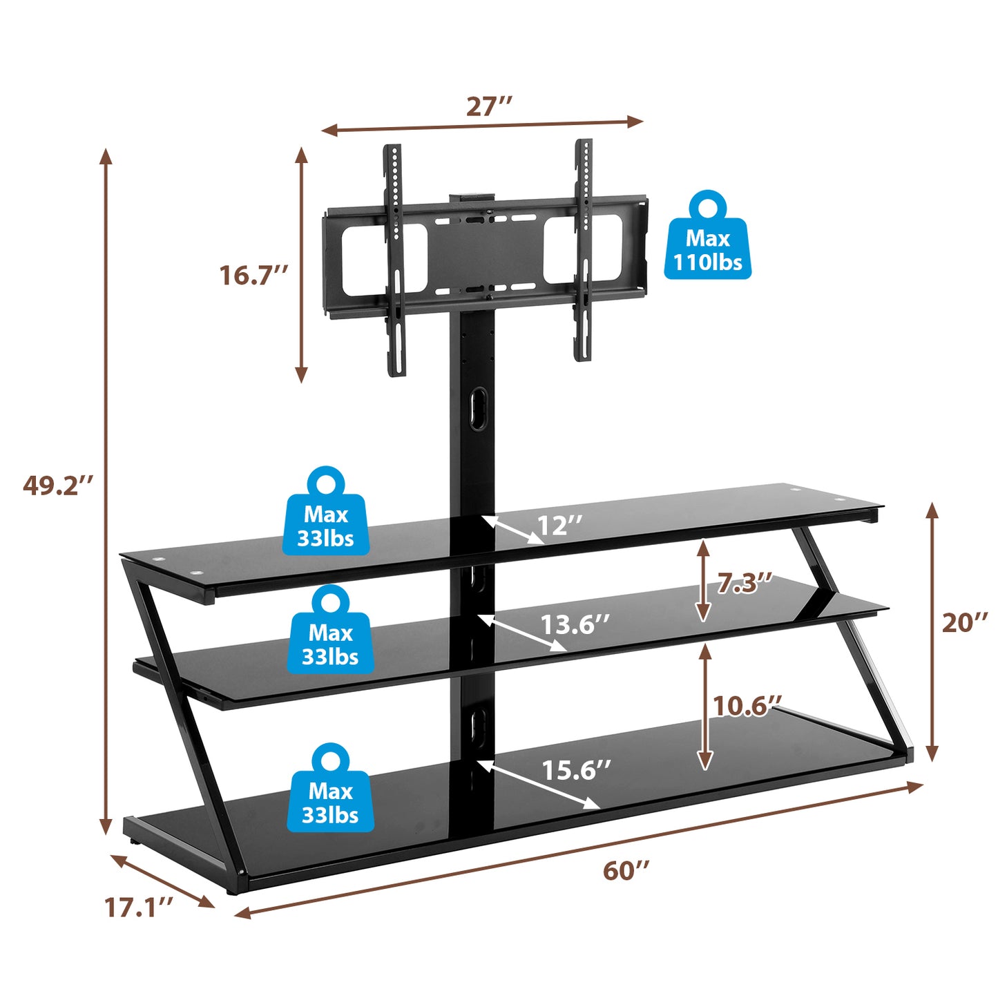 Swivel Glass Entertainment Center with Height Adjustable TV Stand