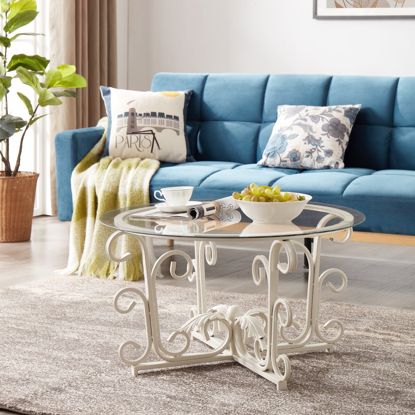 Elegant Glass Coffee Table with Leaf-Shaped Iron Base and Tempered Glass Top for Leisure Spaces (White)