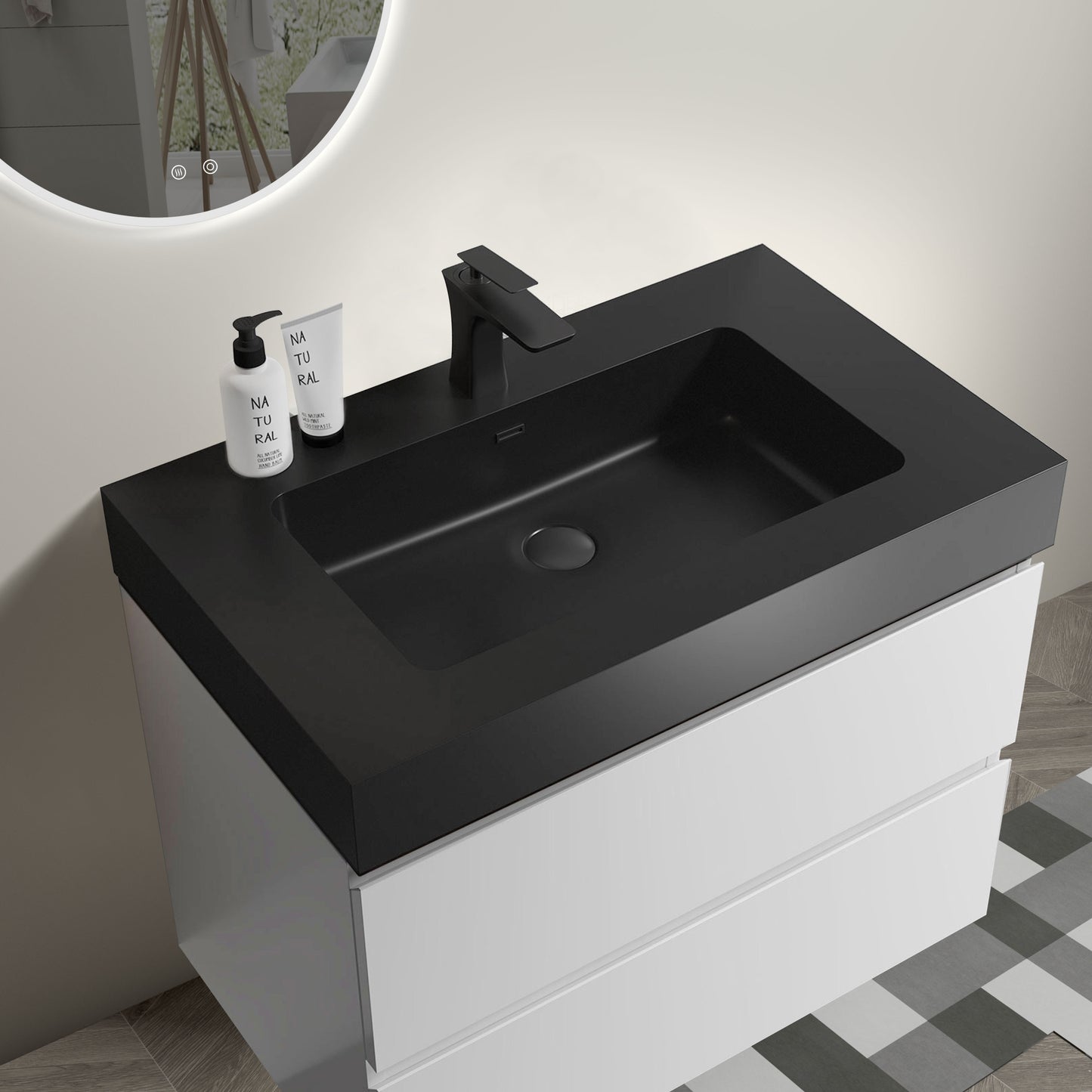 Alice 30" White Bathroom Vanity with Sink, Large Storage Wall Mounted Floating Bathroom Vanity for Modern Bathroom, One-Piece Black Sink Basin without Drain and Faucet