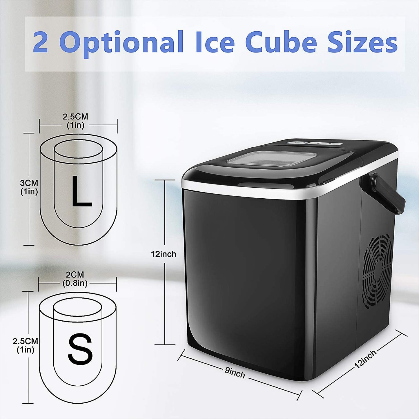 Rapid Ice Maker with Customizable Cube Sizes: 9 Cubes Ready in 9 Minutes/26lbs Daily