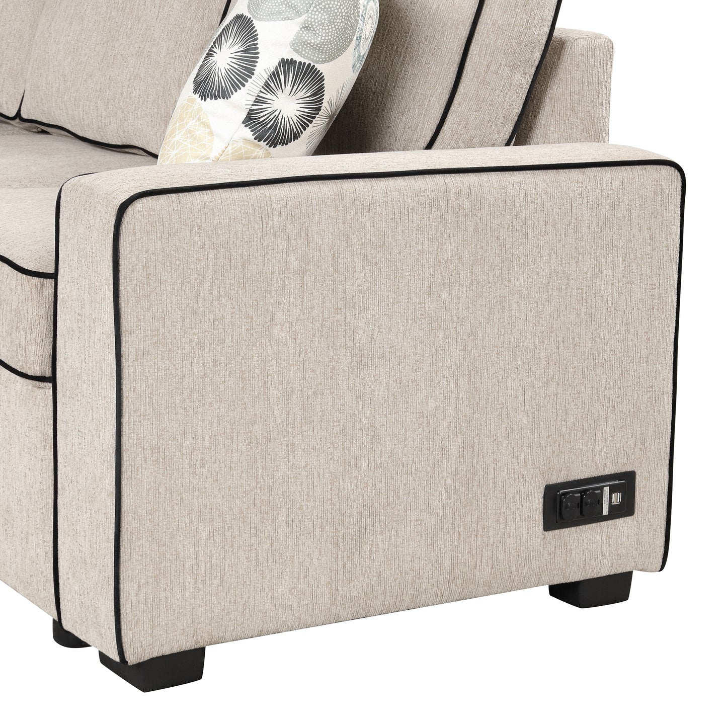 83 Cream Convertible L-Shaped Sleeper Sofa with USB Ports and Power Sockets