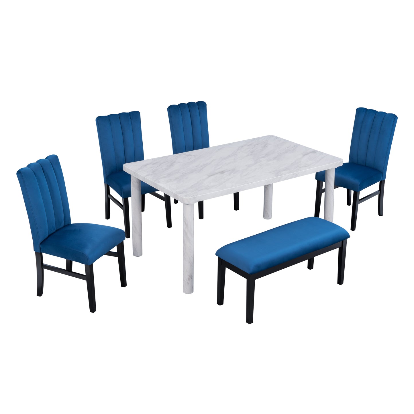 TREXM 6-Piece Dining Table Set with Marble Veneer Table and 4 Flannelette Upholstered Dining Chairs & Bench (White+Blue)