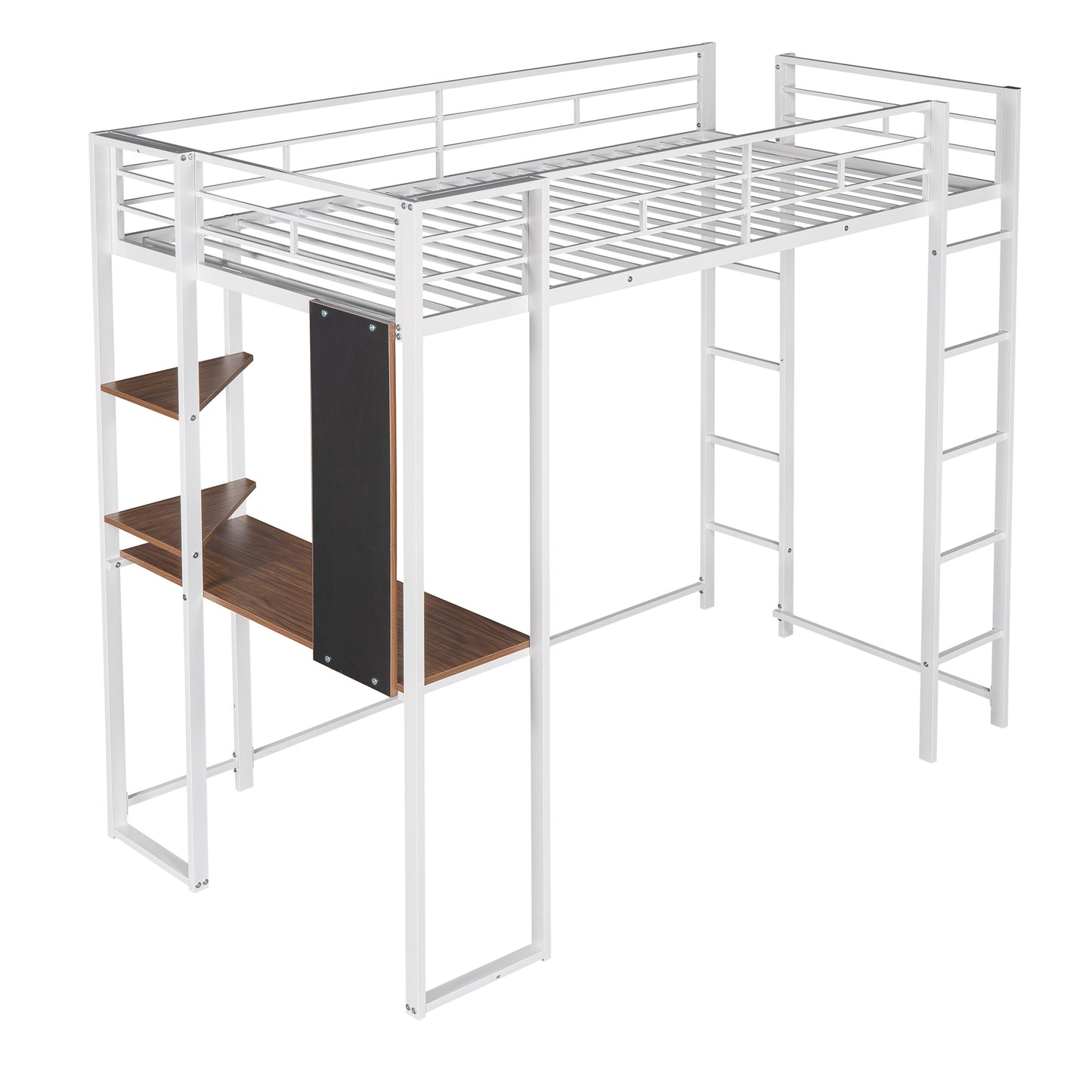 Twin Metal Loft Bed with 2 Shelves and one Desk ,WHITE(: MF281206AAK)