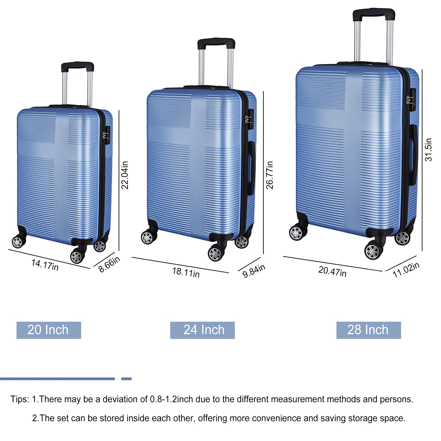 3 Piece Luggage with TSA Lock ABS, Durable Luggage Set, Lightweight Suitcase with Hooks, Spinner Wheels Cross Stripe Luggage Sets 20in/24in/28in