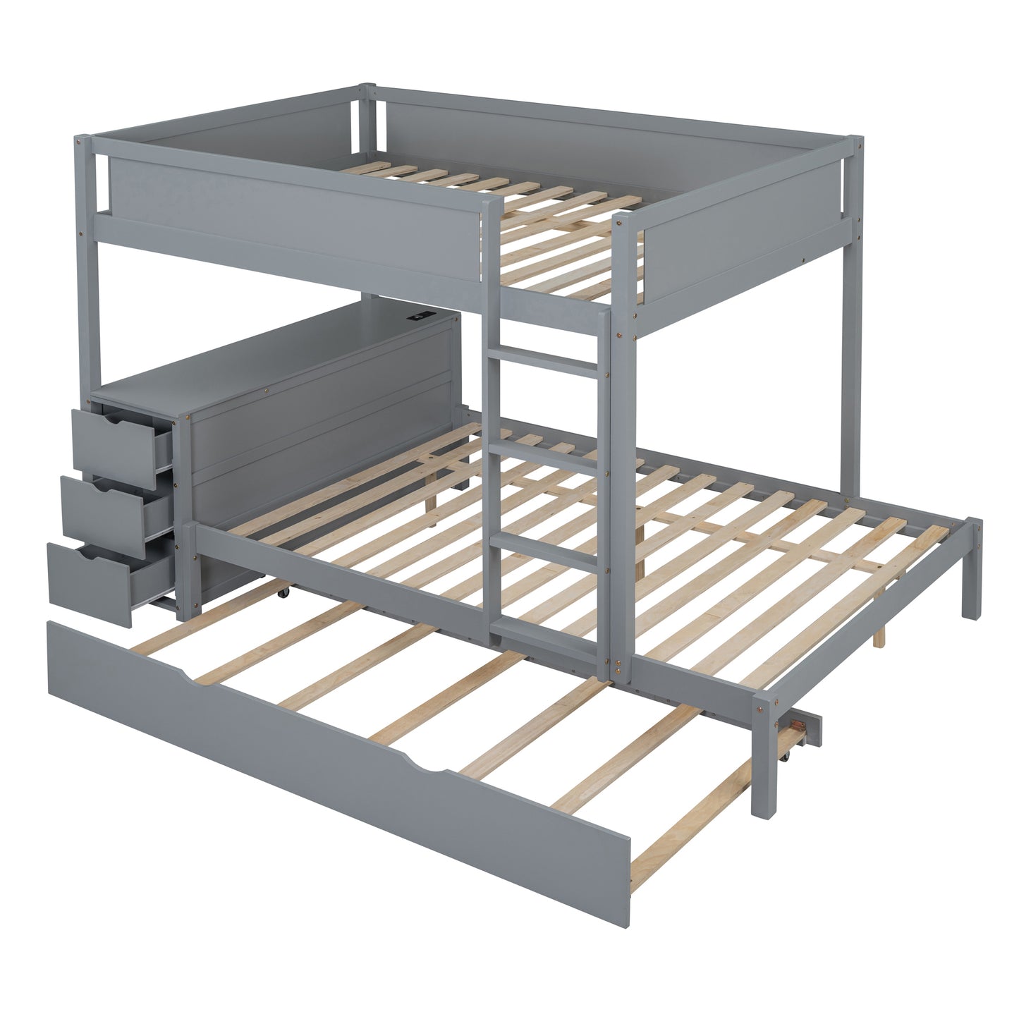 Full-Over-Full Bunk Bed with Twin Trundle, Storage, Desk, and USB Outlets, Gray - Ultimate Space-Saving Solution for Bedroom