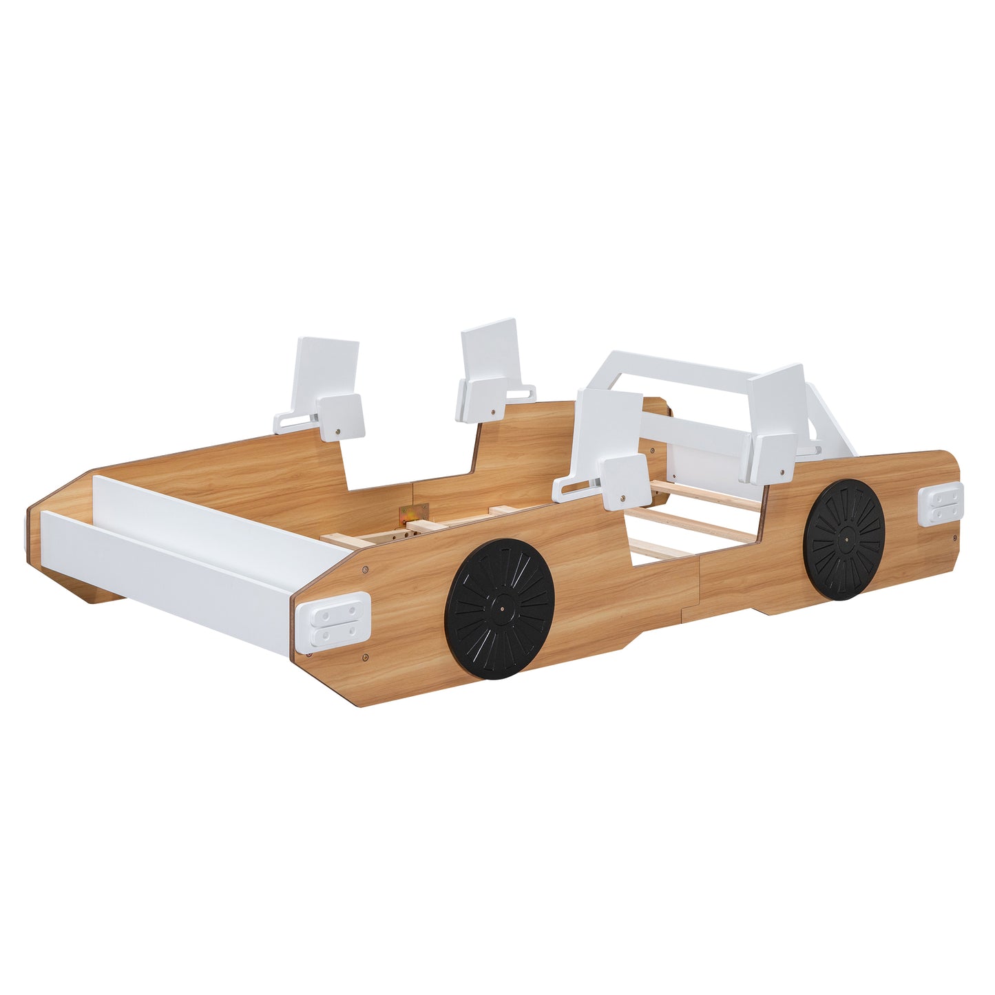 Wood Twin Size Racing Car Bed with Door Design and Storage, Natural+White+Black