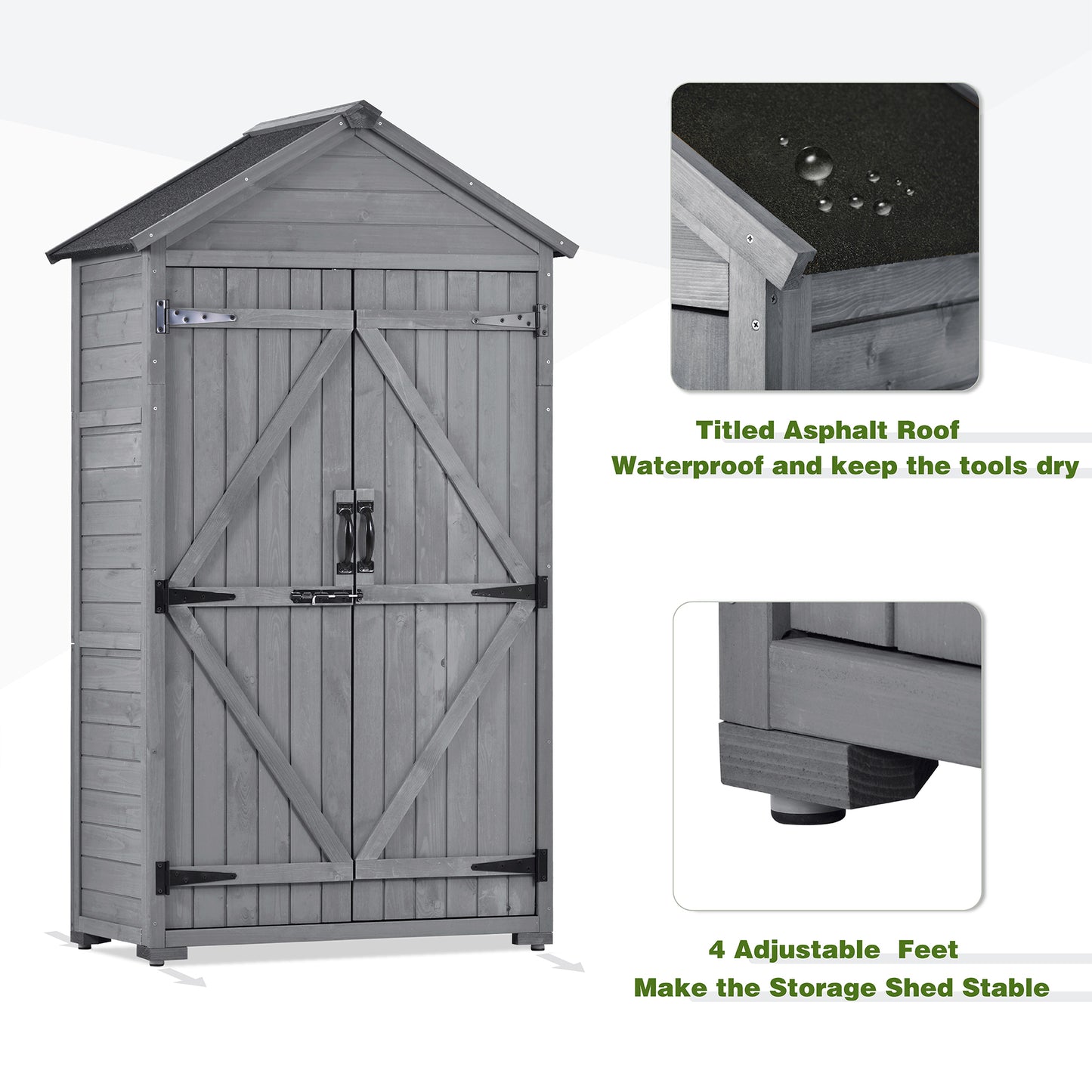 5.8ft x 3ft Outdoor Wood Lean-to Storage Shed Tool Organizer with Waterproof Asphalt Roof, Lockable Doors, 3-tier Shelves for Backyard, Gray