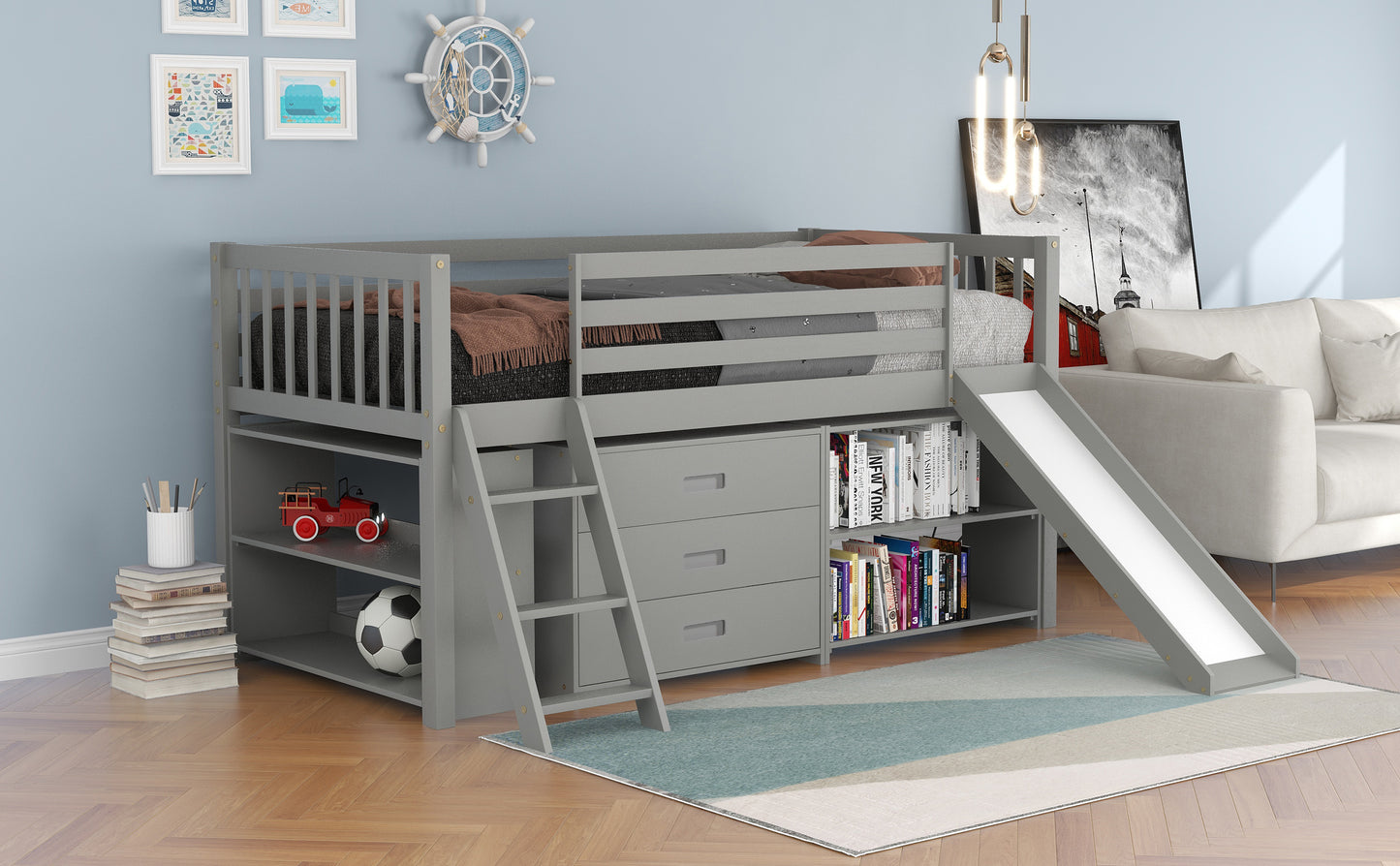 Low Loft Bed with Attached Bookcases and Separate 3-tier Drawers,Convertible Ladder and Slide,Twin,Gray