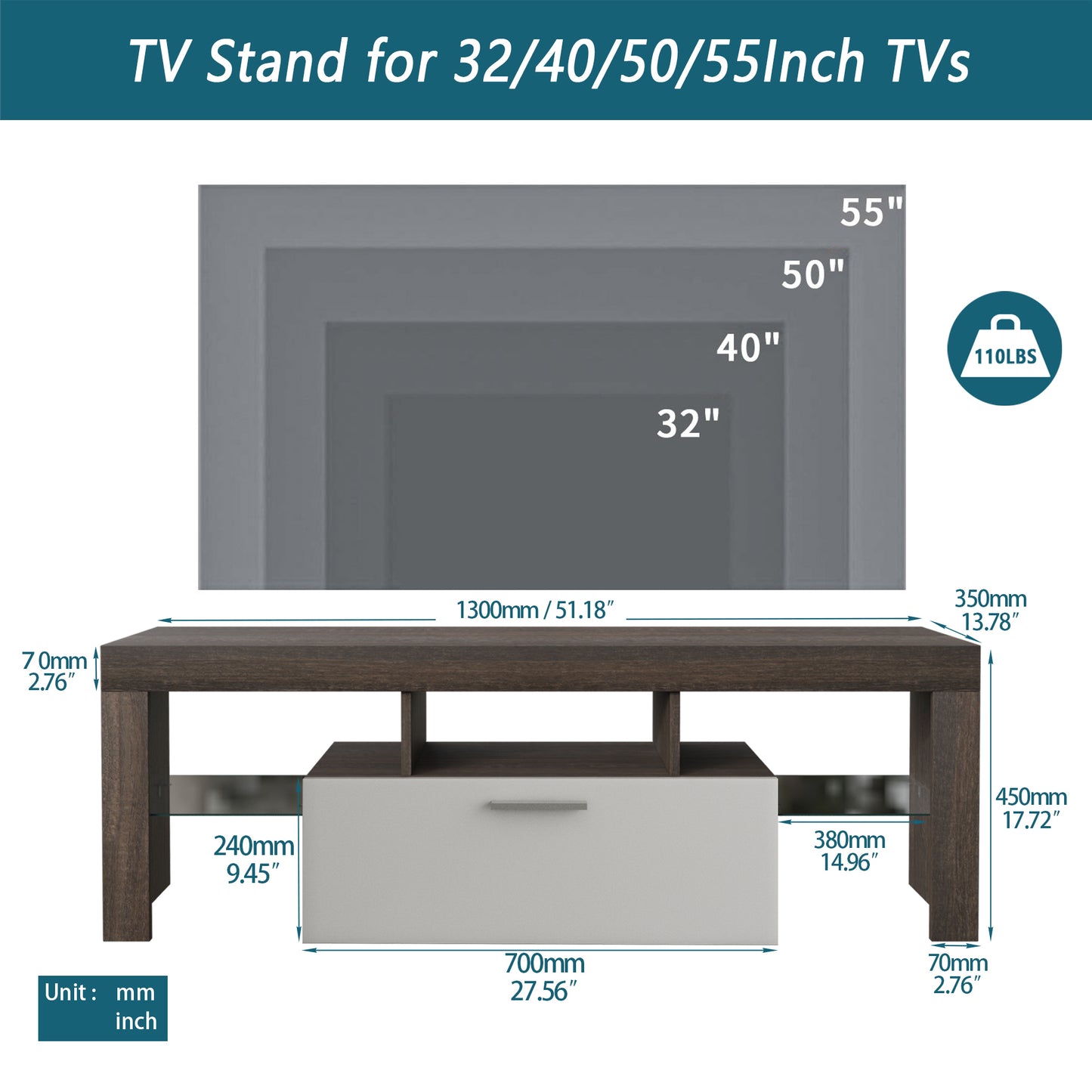 Quick Assembly Modern TV Stand with Toughened Glass Shelf and LED Color Changing Lights