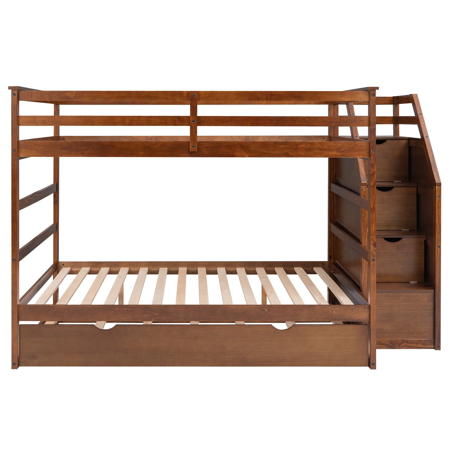 Elegant Full-Over-Full Bunk Bed with Trundle, Storage Stairs, and Walnut Finish