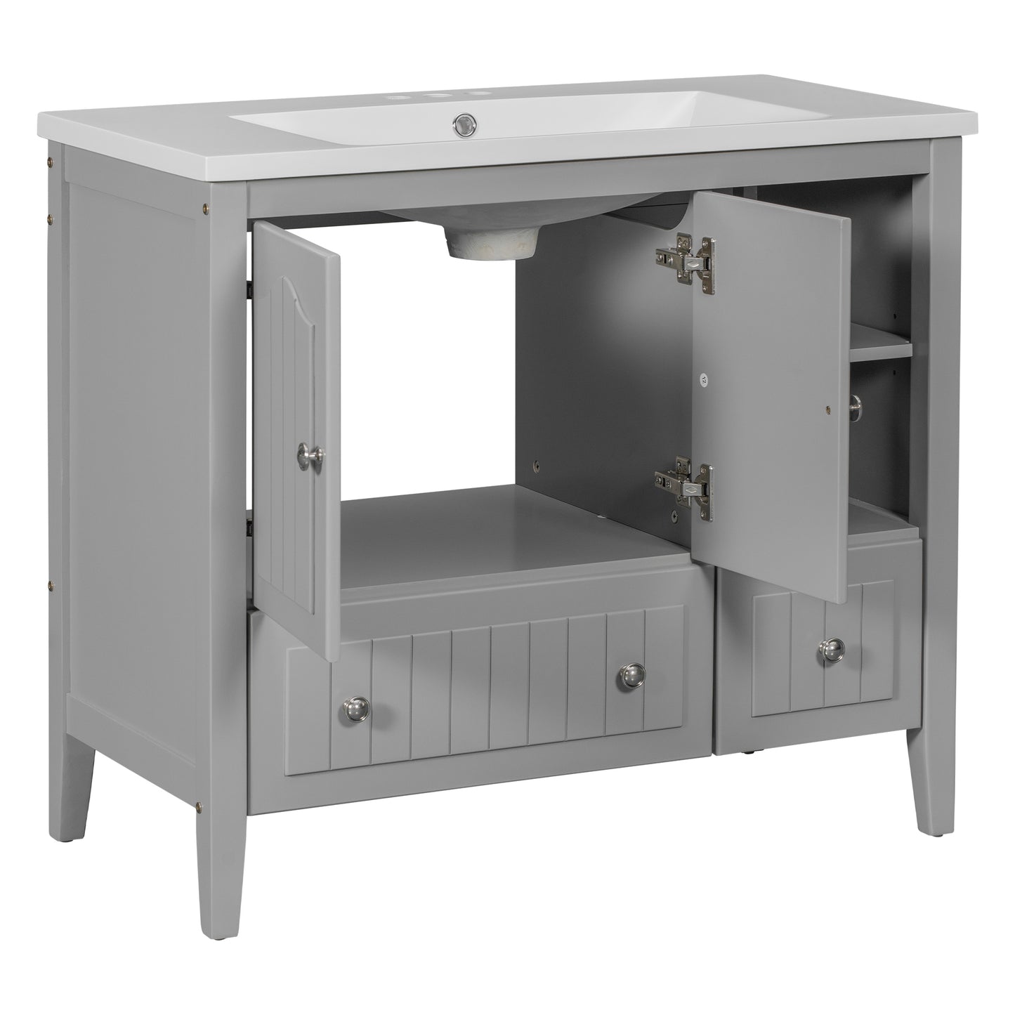 36" Bathroom Vanity with Ceramic Basin, Bathroom Storage Cabinet with Two Doors and Drawers, Solid Frame, Metal Handles, Grey