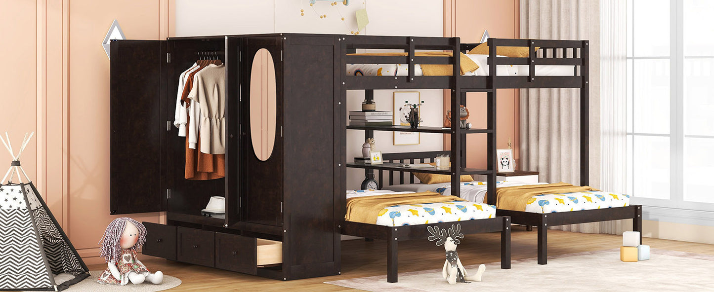 Efficient Espresso Bunk Bed with Twin Over Full, Wardrobe, Mirror, and Shelves