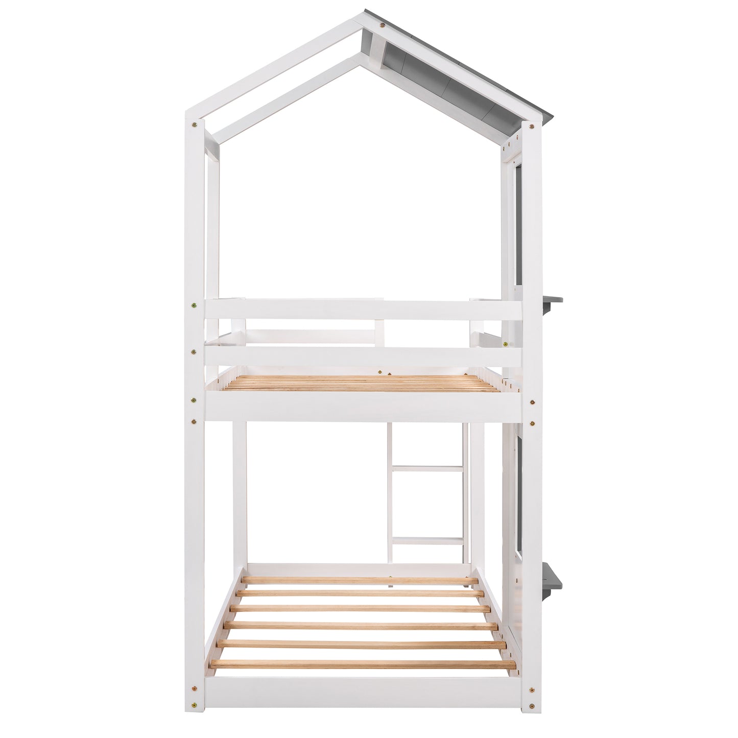 White Wooden Playhouse Bunk Bed with Roof and Guardrail