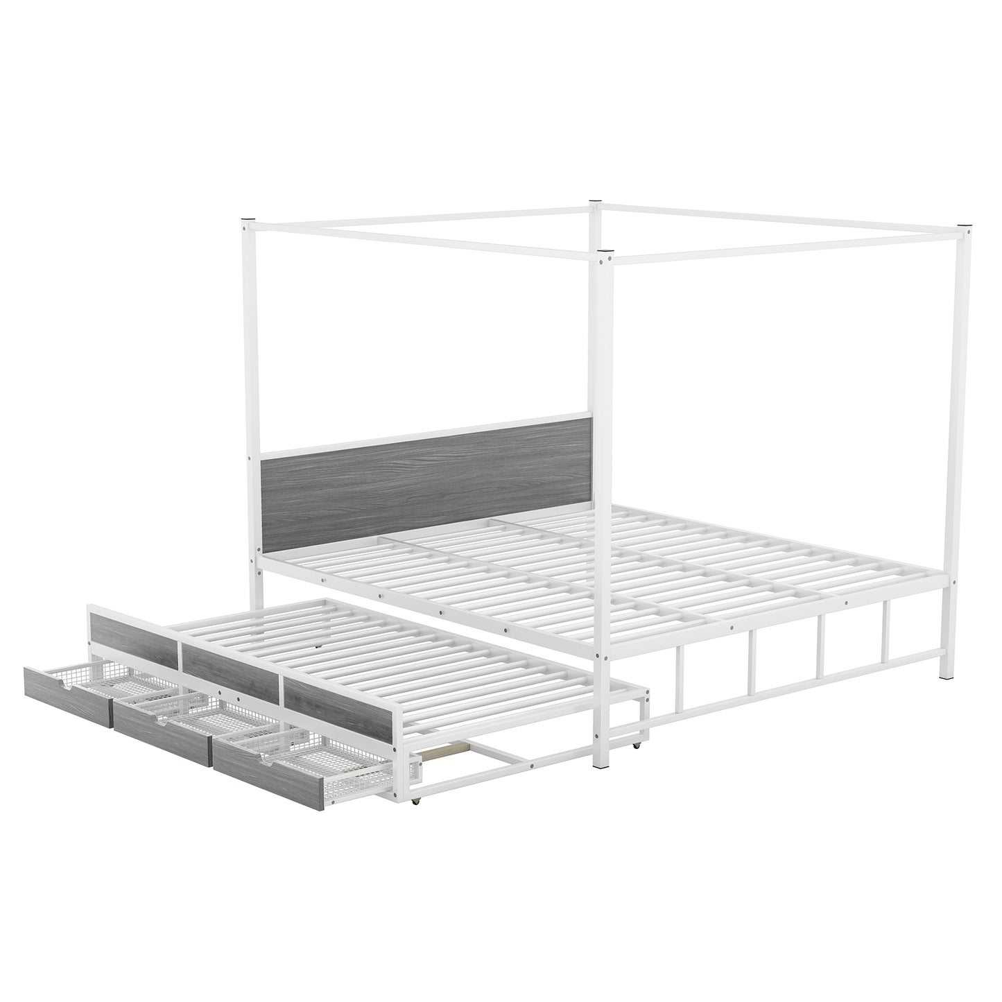 Queen Size Metal Canopy Platform Bed with Twin Size Trundle and 3 Storage Drawers, White