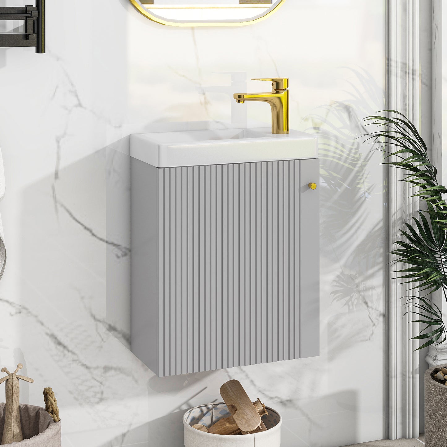 Contemporary 16" Wall-Mounted Bathroom Vanity Combo Cabinet with Ceramic Basin - Ideal for Small Bathrooms