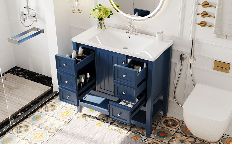 36" Bathroom Vanity with Sink Combo, One Cabinet and Three Drawers, Solid Wood and MDF Board, Blue