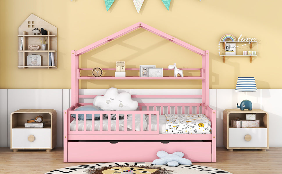 Wooden Full Size House Bed with Twin Size Trundle,Kids Bed with Shelf, Pink