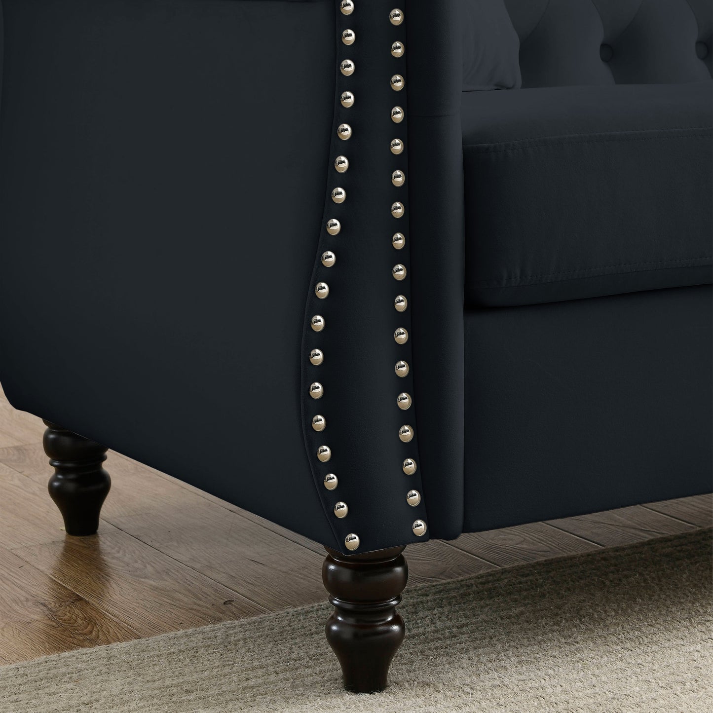 Chesterfield Sofa in Black Velvet with Rolled Arms and Nailhead Trim