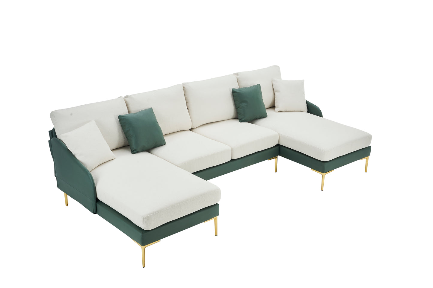 Modern large area Linen+Leathaire fabric color matching segmented sofa, ultra wide lounge chair, golden legs, U-shaped, Cyan+white