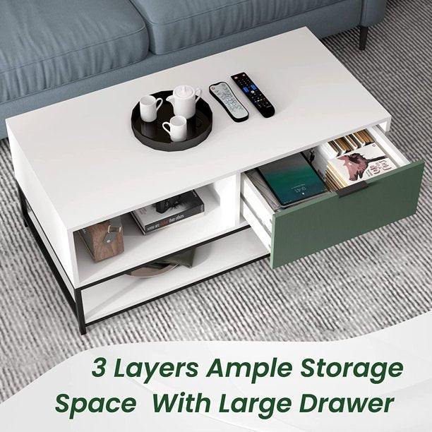 Watson White and Green Wood Coffee Table Steel Frame with Shelves and Drawer - Modern and Functional Coffee Table with Steel Frame and Storage Options