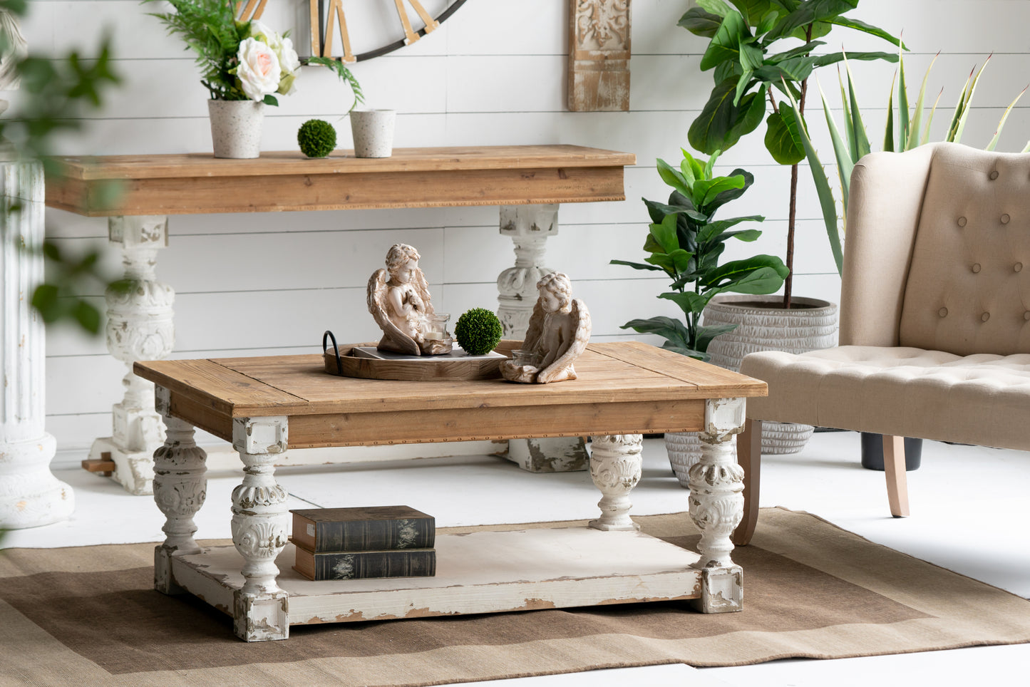 French Country Wooden Coffee Table with Ornate Legs and Storage Shelf