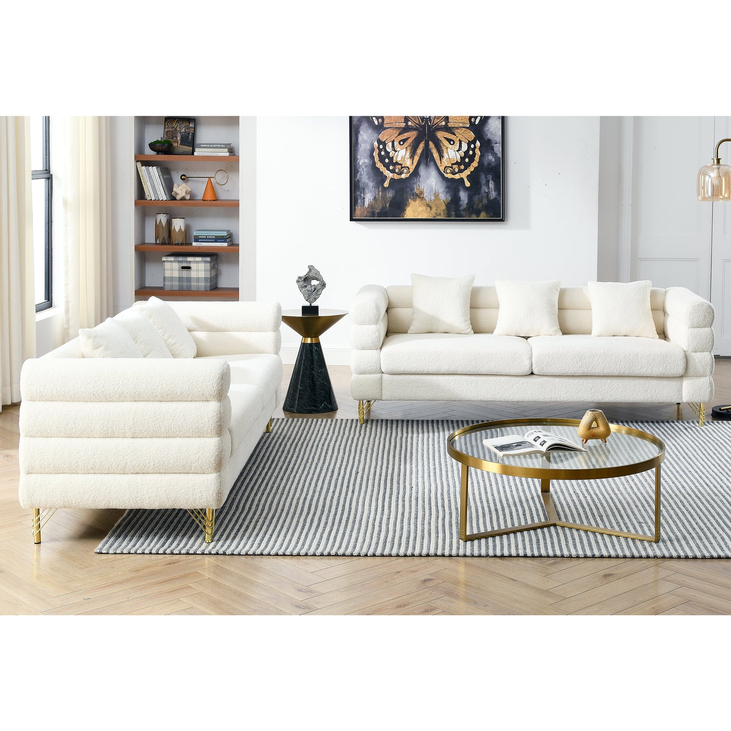 3-seater and 3-seater Combination Sofa in White Teddy (Ivory) with Streamline Modern Design