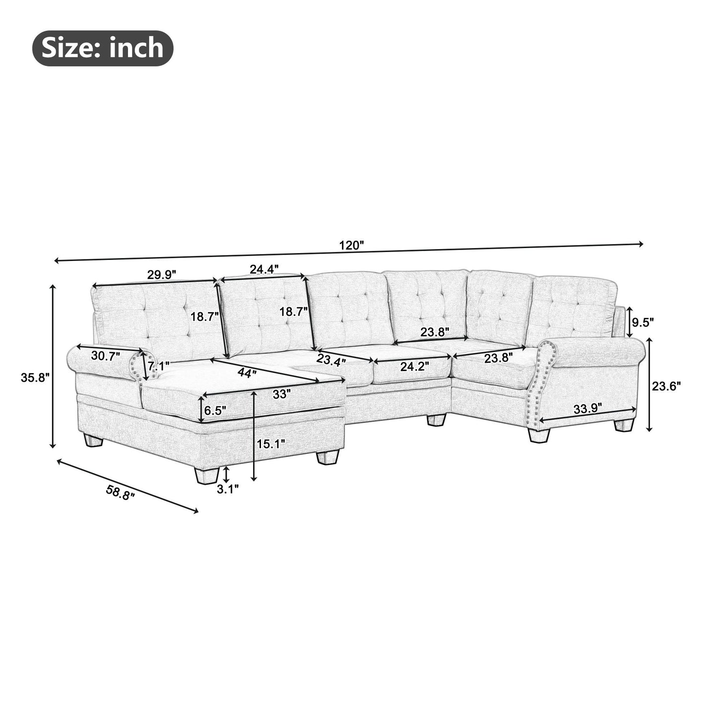 120-inch Stylish Beige U-Shaped Sectional Sofa for Living Room or Bedroom