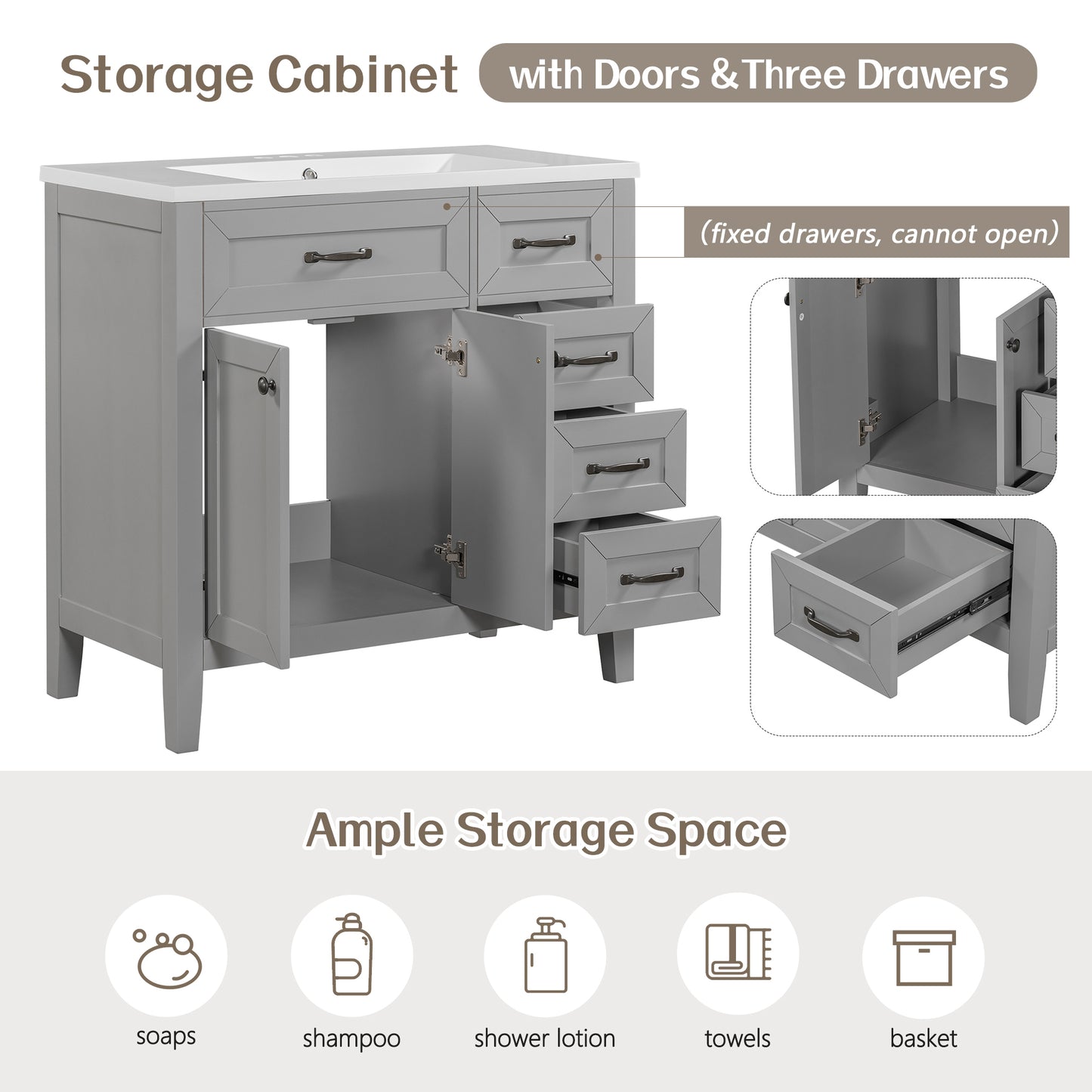 36" Bathroom Vanity with Sink Combo, Bathroom Cabinet with Drawers, Solid Frame and MDF Board, Grey