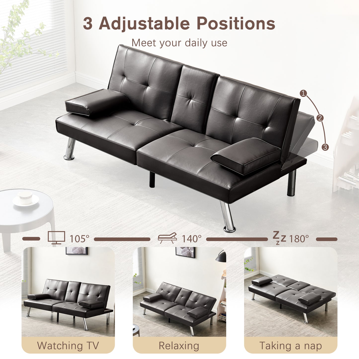 Convertible Sofa Bed Adjustable Couch Sleeper Modern Faux Leather Recliner Reversible Loveseat Folding Daybed Guest Bed, Removable Armrests, Cup Holders, 3 Angles,Brown.