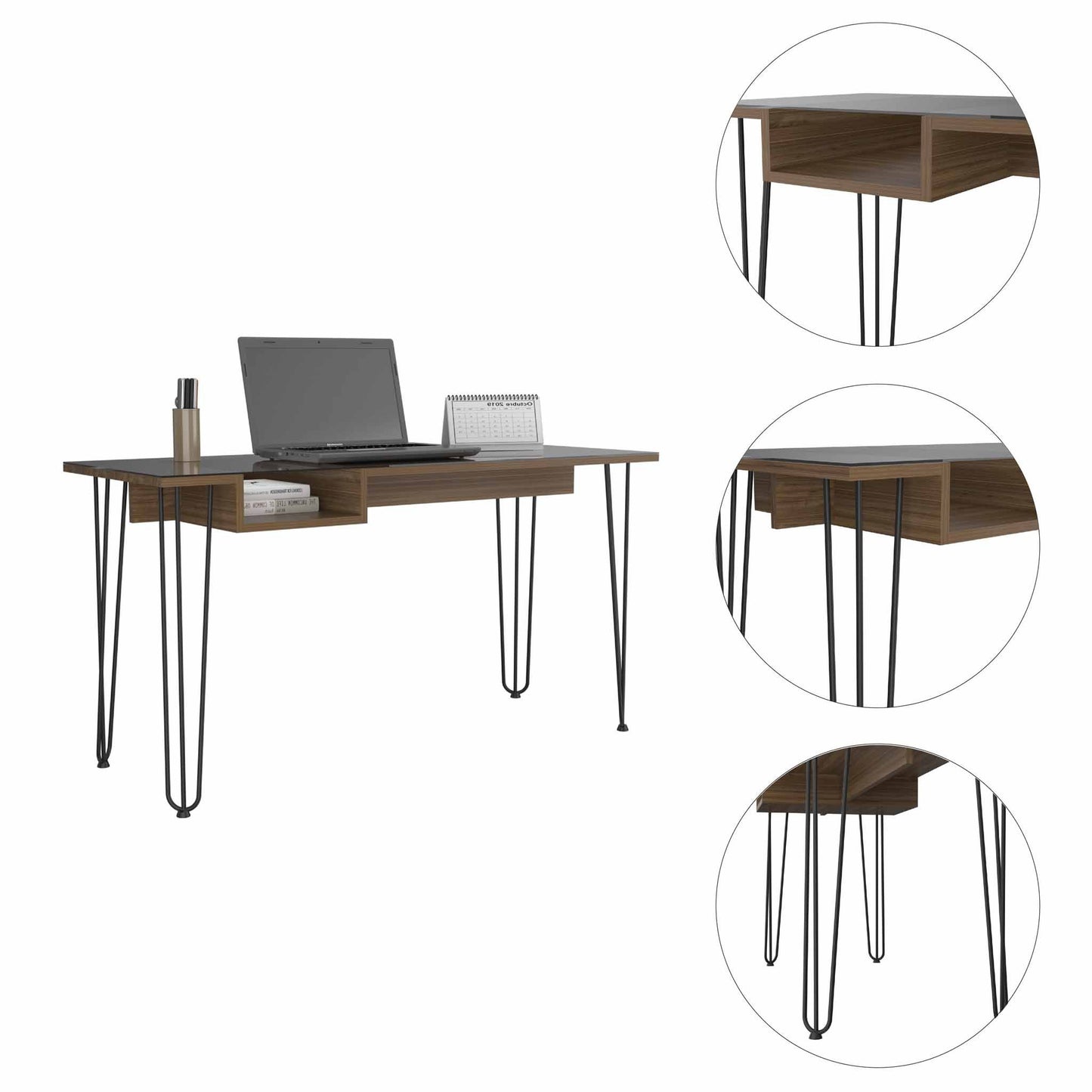 Mahogany Finish Writing Desk with Hairpin Legs and Glass Top With Modern Industrial Appeal