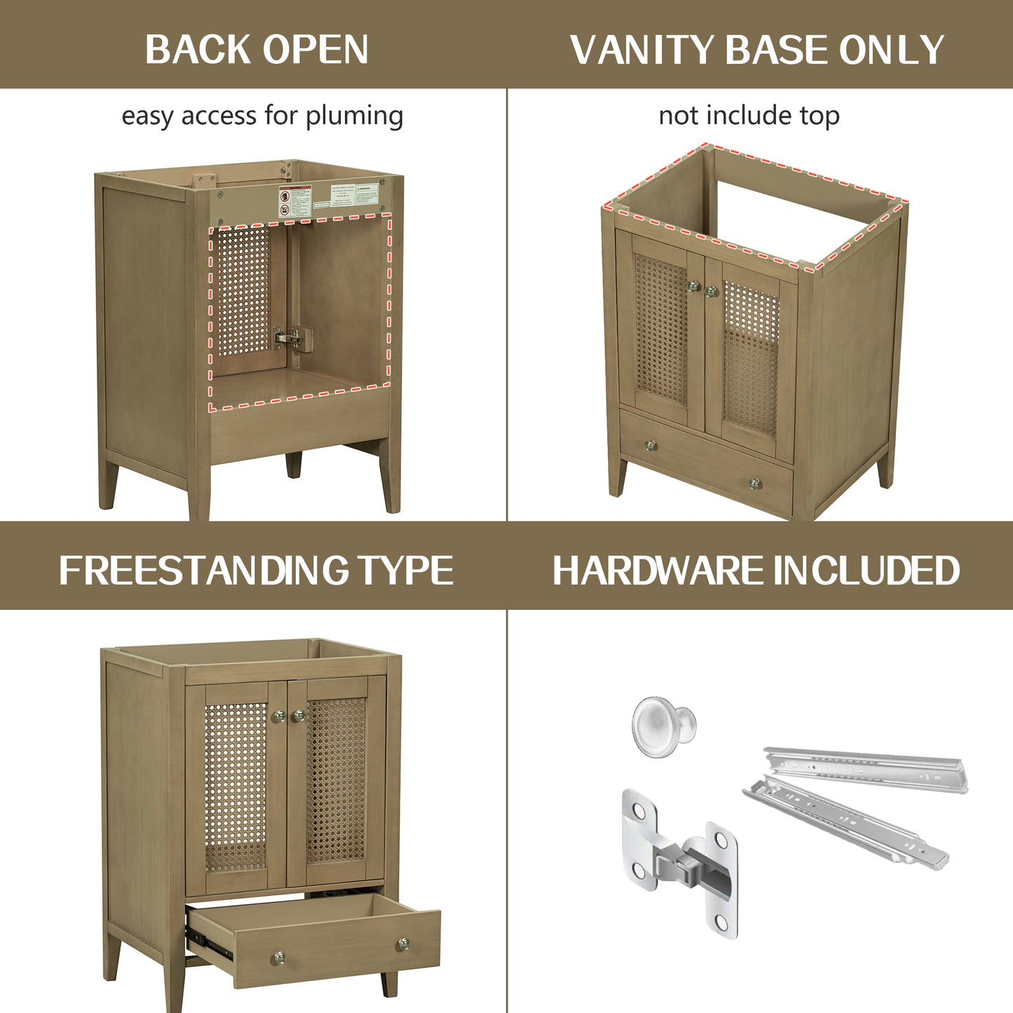 24" Bathroom Vanity without Sink, Base Only, Rattan Cabinet with Doors and Drawer, Solid Frame and MDF Board, Natural