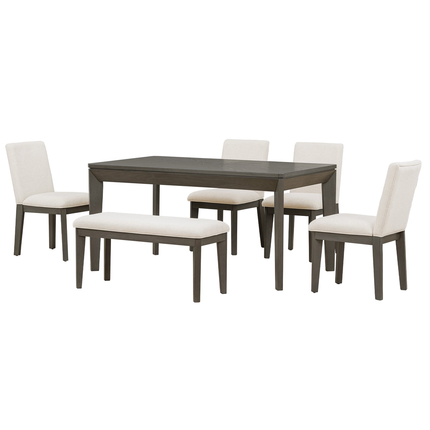 6-Piece Dining Table Set with Upholstered Dining Chairs and Bench,Farmhouse Style, Tapered Legs, Dark Gray+Beige