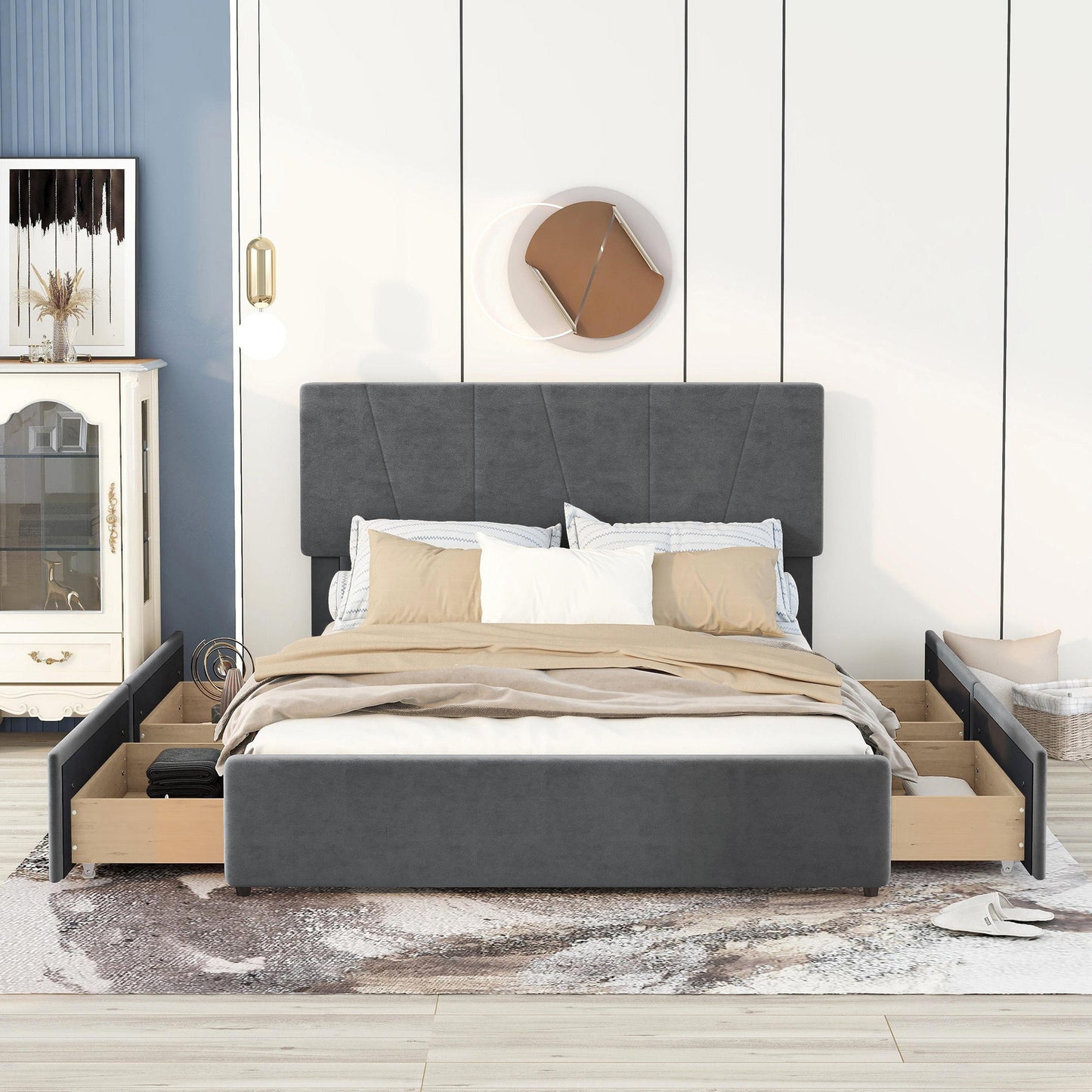 Queen Size Upholstery Platform Bed with Four Drawers on Two Sides, Adjustable Headboard, Grey(: WF291774EAA)